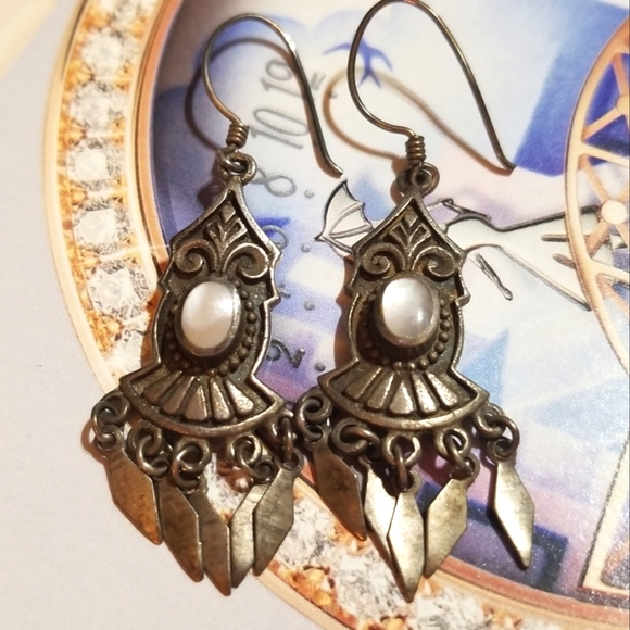 VTG Boho Sterling Mother of Pearl Dangling Earrings - Picture 7 of 7